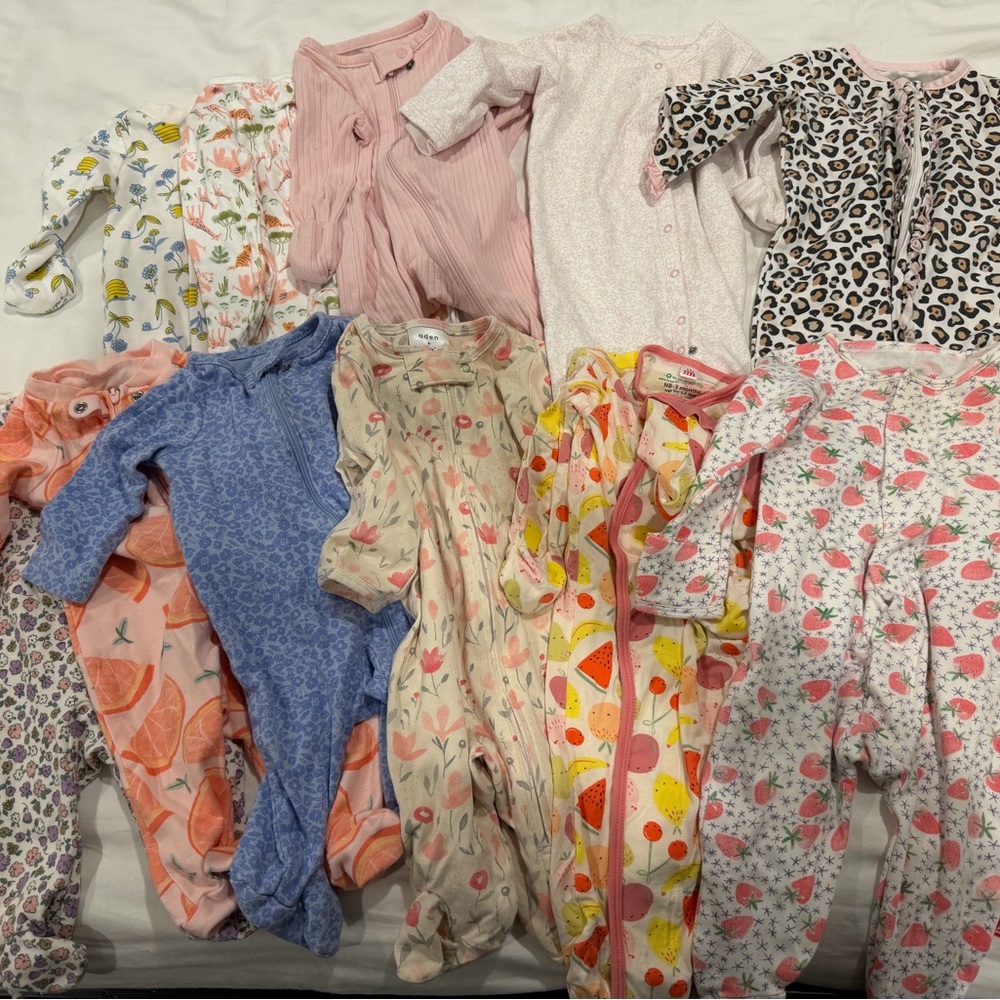 Bundle - 11 Baby Girl Sleepers (Newborn to 6M sizing)